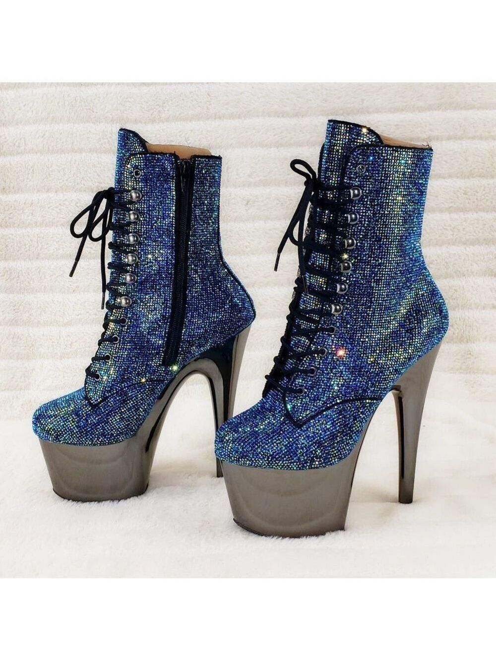Sparkling Teal Rhinestone Pewter Platform Heel Ankle boots Bejeweled 1020CHRS